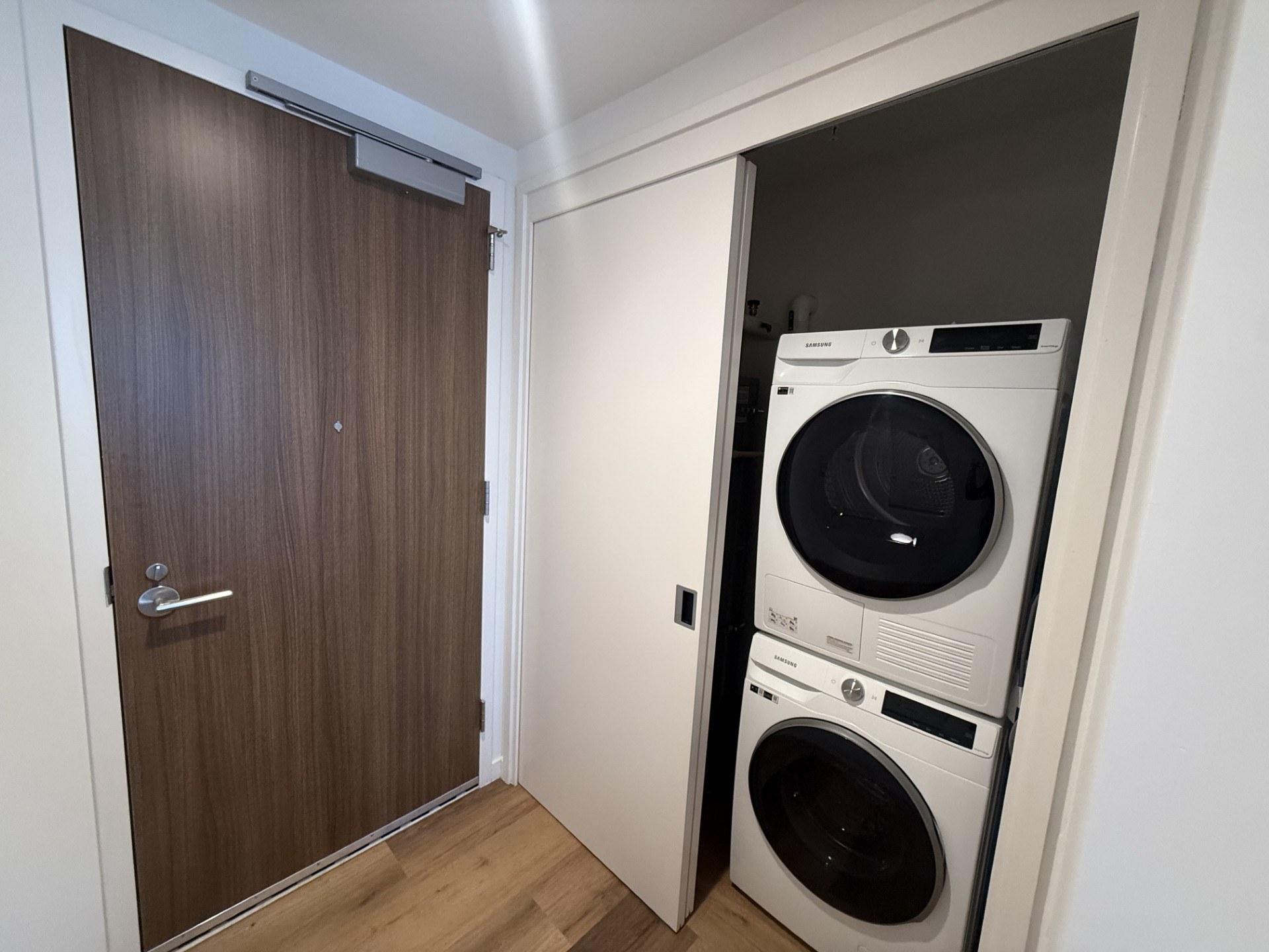 A white dryer is in a small room next to a brown door.